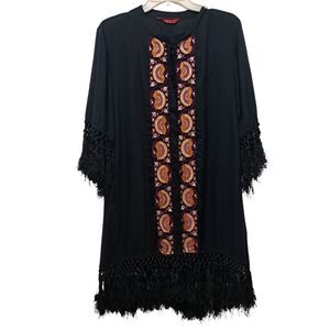 Tigerlily Embroidered Button Down Fringe Cardigan Cruise Dress Small Black
